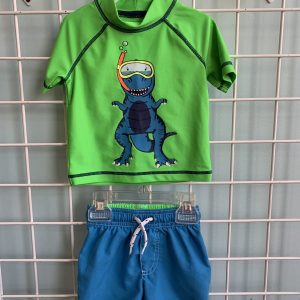 Size 12 Month - Green/Blue Shark Rash Guard & Swim Trunk Set
