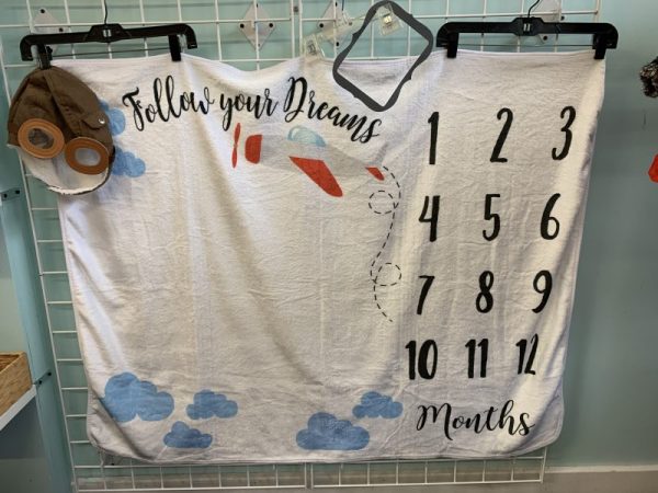 Blanket: White Airplane/Pilot Follow Your Dreams Milestone Blanket & Hat Set