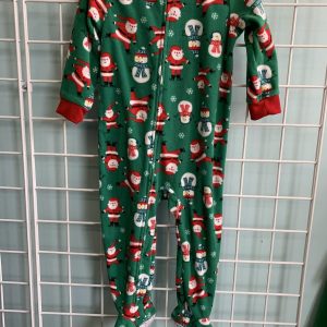 Size 2T - Green Christmas Santa & Snowman Fleece Sleeper