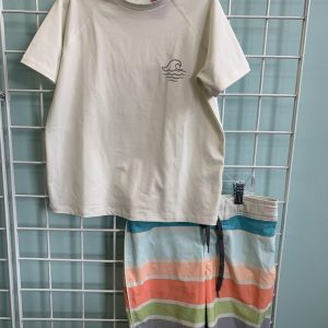 Size 8 Plus- White/Blue/Orange Rash Guard and Trunk Set