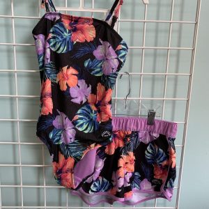 Size 10 - Black/Purple/Pink Floral Swimsuit with Short