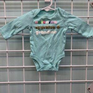 Size 00 Newborn - Blue Unicorns, Sparkles & Grandma Onesie