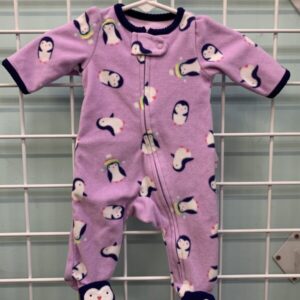 Size 00 Newborn - Purple Penguin Fleece Sleeper