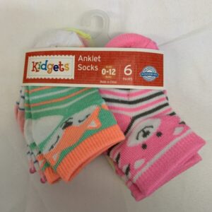Socks - Infant - 00/12 Month, Kidgets Pink/Green 6 Pack (New)