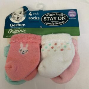Socks - Infant - Newborn, Gerber Pink/Green/White Stay On Organic 4 Pack (New)