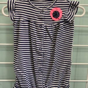 Size 06 Month - Blue/White Stripe Flower Romper