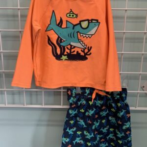 Size 2T - Orange/Blue Shark Swim Truck & Rash Guard Set