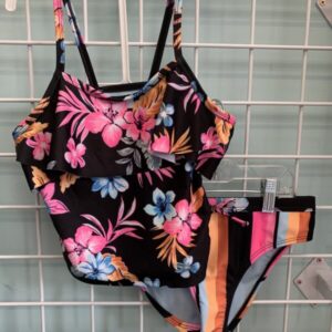 Size 10/12 - Black/Pink Floral Stripe Swimsuit