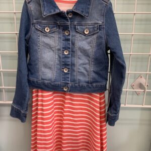 Size 7/8 - Pink/White Stripe Dress with Jean Jacket Set
