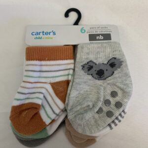 Socks - Infant - Newborn, White/Grey/Brown Carter 6 Pack (New)